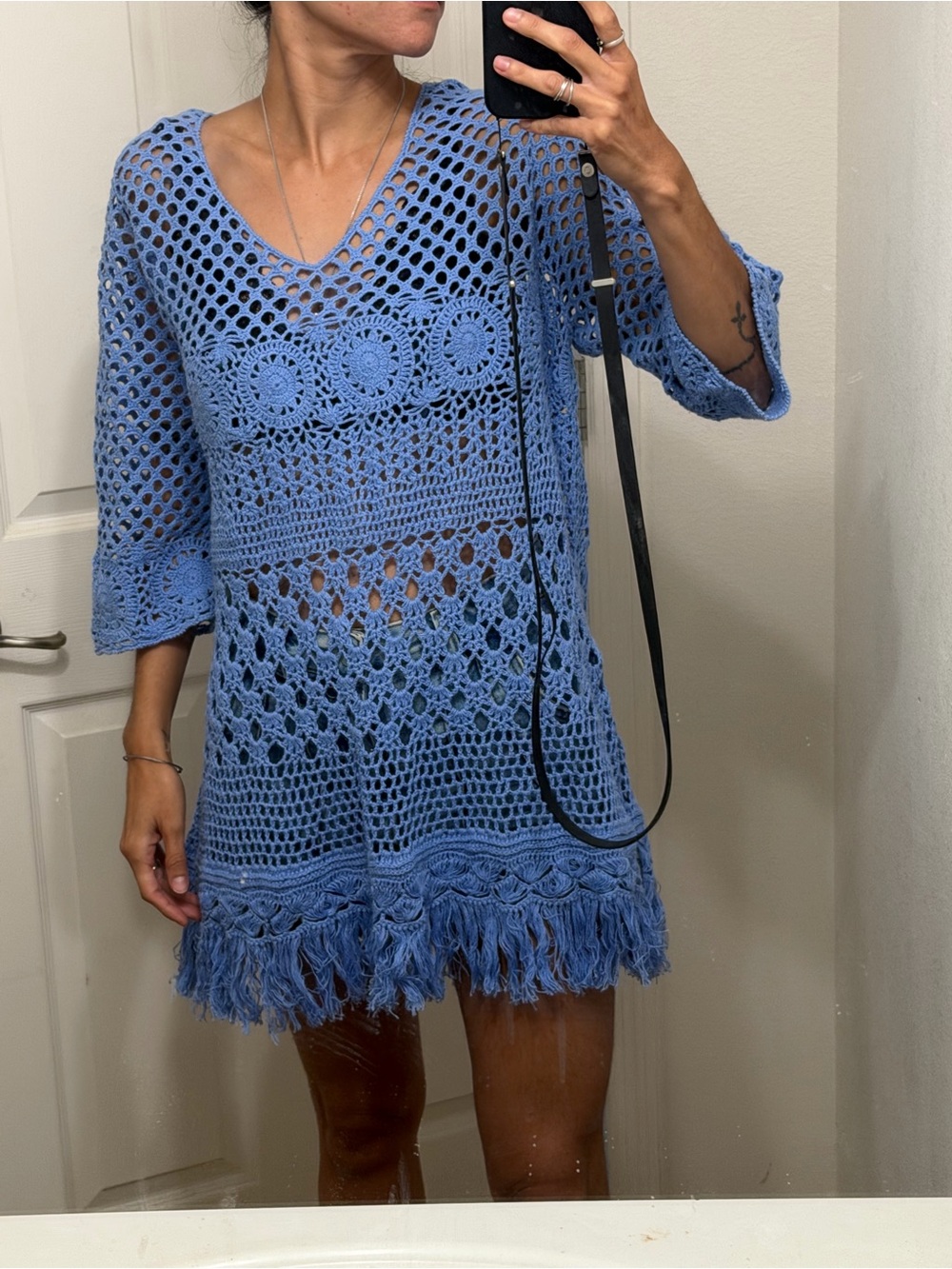 Light Blue Crochet Swim Cover-Up Tunic with Fringe